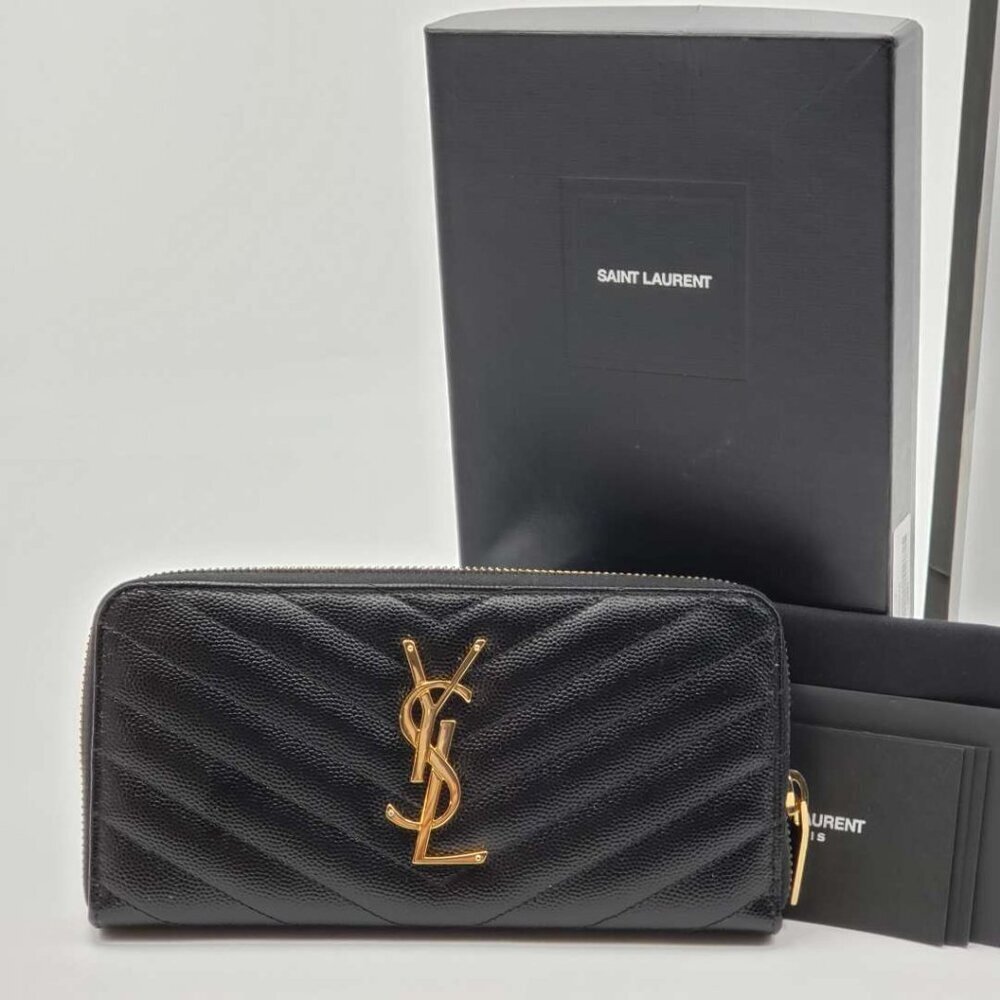 Yves Saint Laurent Zippy Black Chevron Quilted Zip Wallet with Gold Hardware